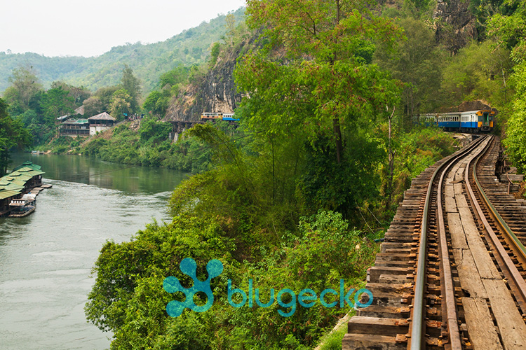 Train on the Wampoo viaduct Kanchanburi